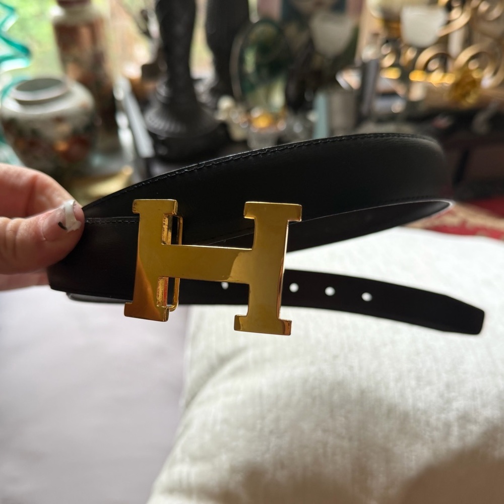 Designer inspired Black Leather Belt with Gold H Buckle